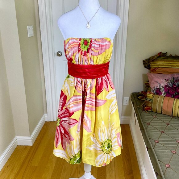 Y2K Dress Silk Strapless Sunflower Yellow Red Green Pleated Fit & Flare (6) - Picture 1 of 10